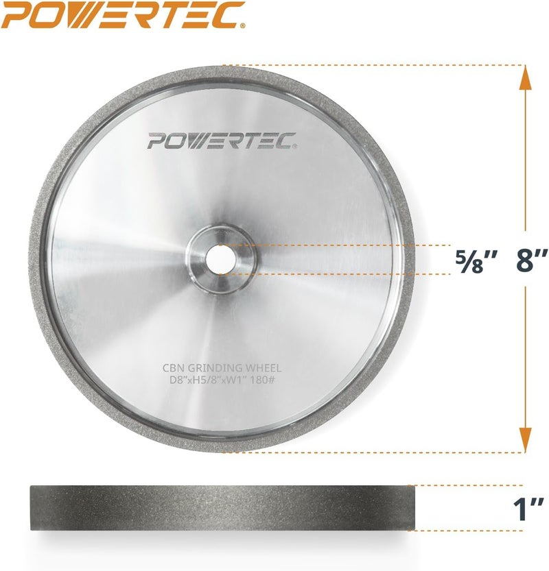 POWERTEC CBN Grinding Wheel 8 Inch 180 Grit, Bench Grinder Wheel for Sharpening HSS Tools, Lathe Tools & Chisel Set, 8" x 1" Wide, 5/8" Arbor Bench Grinder Wheels for Bench Grinder, 1 PK (15700) - Image 2